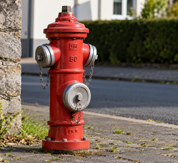 Bild vergr&ouml;&szlig;ern: Roter DIN-Feuerhydrant am Stra�enrand