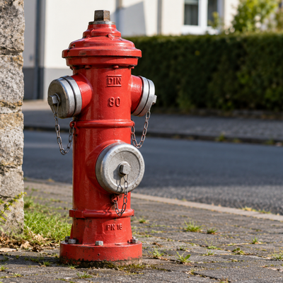 Roter DIN-Feuerhydrant am Stra&szlig;enrand